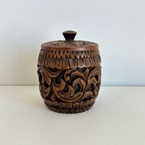 Hand Carved Wood Jar w/ Lid, Boho Rustic Accent Container