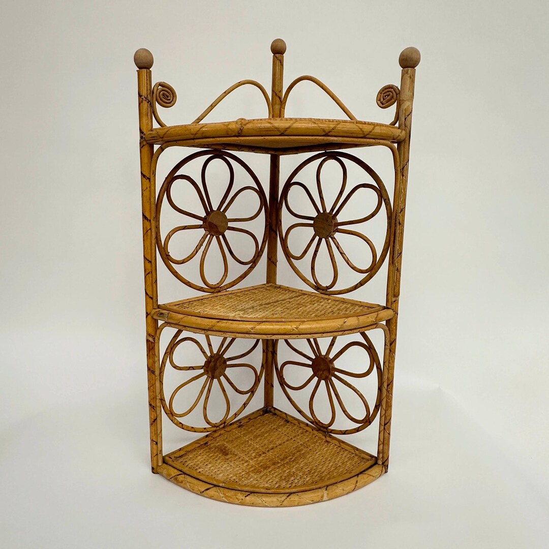 Vintage 3 Tier Bamboo Cane Rattan Corner Shelf, Indoor Wicker Plant ...