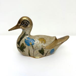 figurine de canard cloisonné en émail en laiton vintage, décor en laiton chinoiserie