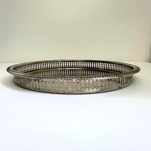Vintage Silver Metal Round Tray | Etched Metal Serving Tray | Decorative Barware Accent