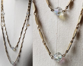 Vintage Gold Chain Wrap Around Necklace with Iridescent Aurora Borealis Faceted Crystal Glass Beads | Layering | Wedding | Necklaces