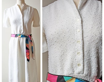 1970s White Popcorn Knit Split Neck Button Down Stretch Dress w/ Multicolor Neon Mosaic Belt | Dresses | Vintage Clothing | Vintage Dresses