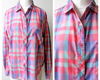 1980s Light Pink Purple Aqua Blue Plaid Button Down Shirt| Vintage Top | Women's Clothing | Light Weight Tops | Top | Vintage Summer Blouses