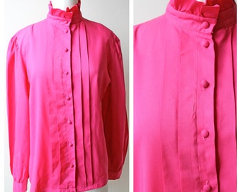1980s Magenta Pink Ruffle Collar Pleated Button Down Blouse | Vintage Top | Women's Clothing | Ruffle Tops | Pleated Top | Vintage Blouses