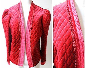 1980s Vintage Red Velvet & Satin Trim Quilted Jacket w/ Puffy Sleeves | Womens Clothing | Jackets | Vtg Outerwear | 80s Jacket | Vtg Jackets