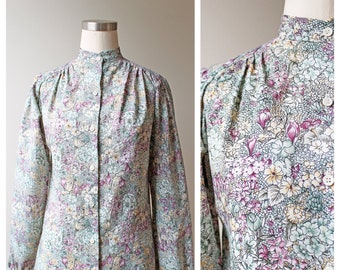 1980s Light Green Purple Yellow and White Floral Flower Printed Collar Long Sleeve Blouse | Vintage Blouse | Womens 80s Tops | Blouses