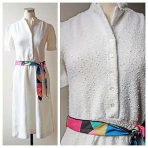 1970s White Popcorn Knit Split Neck Button Down Stretch Dress w/ Multicolor Neon Mosaic Belt Dresses Vintage Clothing Vintage Dresses image 1