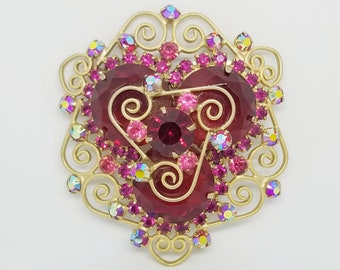 Vintage Goldtone Scroll Filigree Red & Pink Aurora Borealis Gemstone Brooch | Valentine | Wedding | Bride | Bridal Pins | Brooch | Brooches