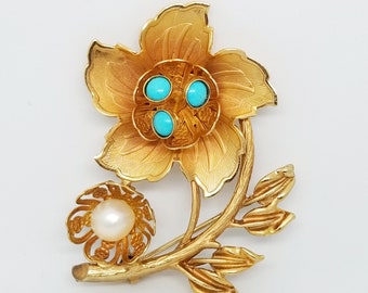 Vintage Goldtone Flower Turquoise & Pearl Brooch | Something Blue | Wedding | Bridal Jewelry | Bride | Bridal Pins | Brooch | Brooches