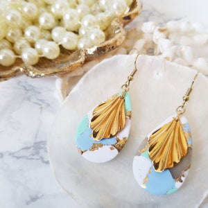 ARIEL | Polymer Clay Tropfen Ohrringe | Gold Muschel Anhänger | Ozean | Brautschmuck | Braut | Strand
