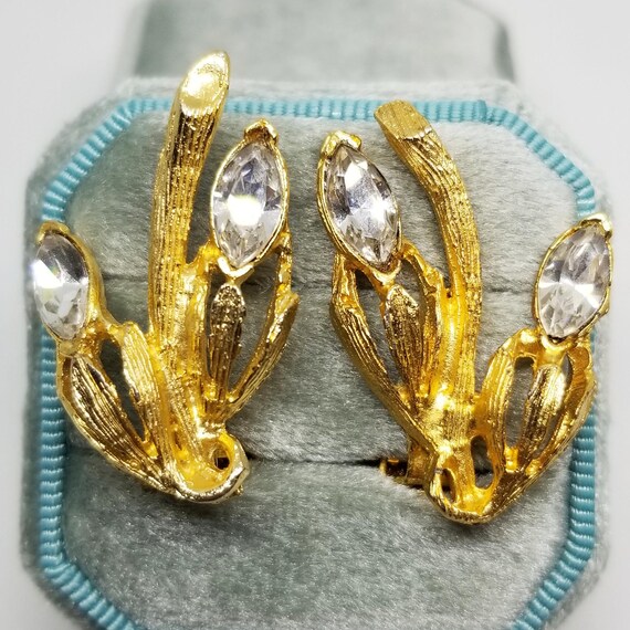 Boucles D'oreilles Vintage - Fleurs Clips Dorés Avec Strass Colorés - Occasion Bon état