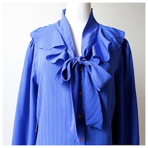 Vintage 1980s Blue Ruffle Neck Tie Bow Collar Button Down Blouse | Vintage Top | Women&#39;s Clothing | Vintage Tops | Blue Top Vintage Blouses
