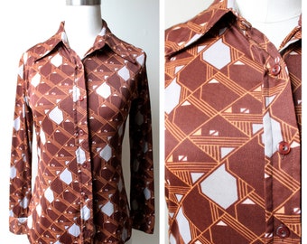 1970s Brown, Gray & Gold Printed Collared Button Down Long Sleeve Blouse | Fall Fashion | Brown Vintage Blouse | Womens 70s Tops | Blouses