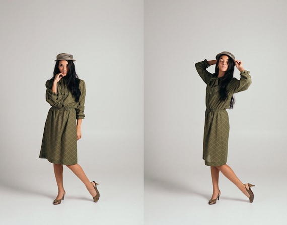 1980s Olive Green Grid Printed Dress W/ Belt & Neck Tie