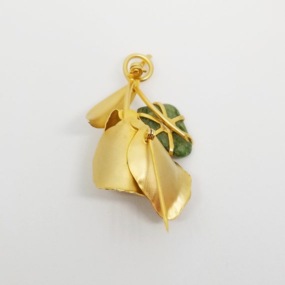 Vintage Goldtone Flower Pearl Green Stone Brooch … - image 5