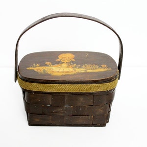 Kosz piknikowy decoupage z lat 60. XX wieku, drewniana skrzynka, torebka | Lata 60. | Vintage | Torby | Portfele | Torebki | Lato | Letnie akcesoria | Torebka piknikowa