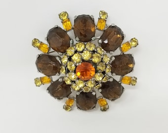 Broche Vintage Art Déco Années 50 - Cristaux Orange Sur Alliage Bombé