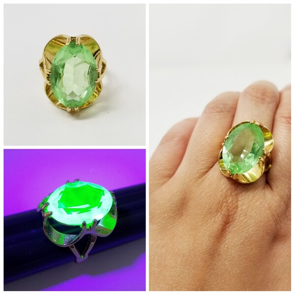 Vintage Uranium Glass Ring 18KT Gold Belcher Setting HGE Ring Size 7.5 | Bridal | Wedding | Statement Ring | Jewelry | Stacking | Rings