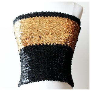 Top elástico com lantejoulas pretas e douradas vintage dos anos 80 | Anos 80 | Brilhante | Brilho | Lantejoulas | Roupas femininas | Formais | Roupas vintage disco