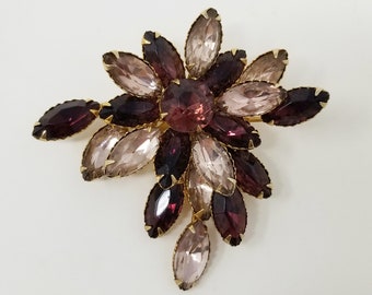 Vintage 1950s Dark Purple and Light Purple Marquise Stone Goldtone Flower Brooch | Bridal Jewelry | Floral Brooch | Brooch | Brooches