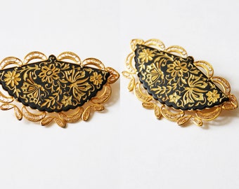 Vintage Black & Gold Damascene Floral Butterfly Filigree Fan Brooch Pin | Tolde ware Brooch | 1960s | Spanish Brooch | Pins | 60s | Brooches
