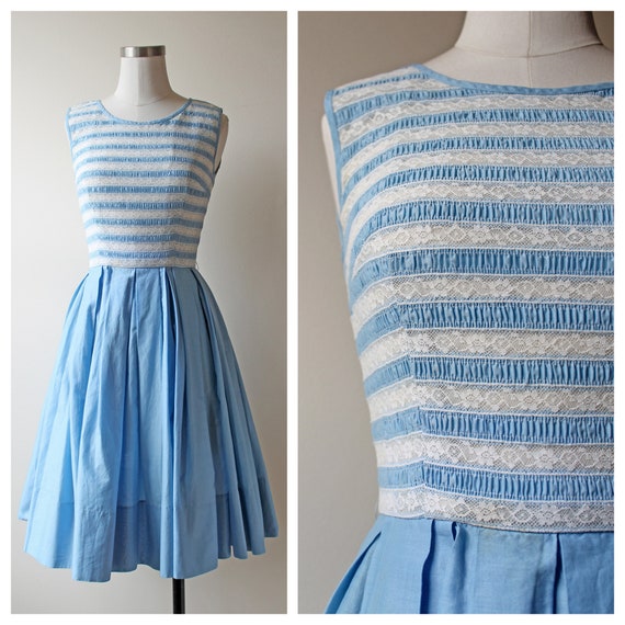 1950s Blue & White Lace Striped Pleated Dress | Wo