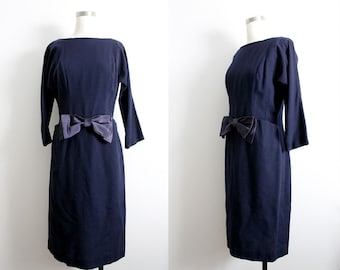 1960s Navy Blue Wool Quarter Sleeve Dress with Satin Bow and Front Pockets | 60s | 60s Dress | Dresses | Women's Clothing | Vintage Clothing