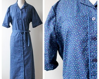 1970s Blue Multicolor Tiny Floral Print Short Sleeve Button Down Collar Shirt Dress | Dresses | Women's Clothing | Fashion | Floral Dress