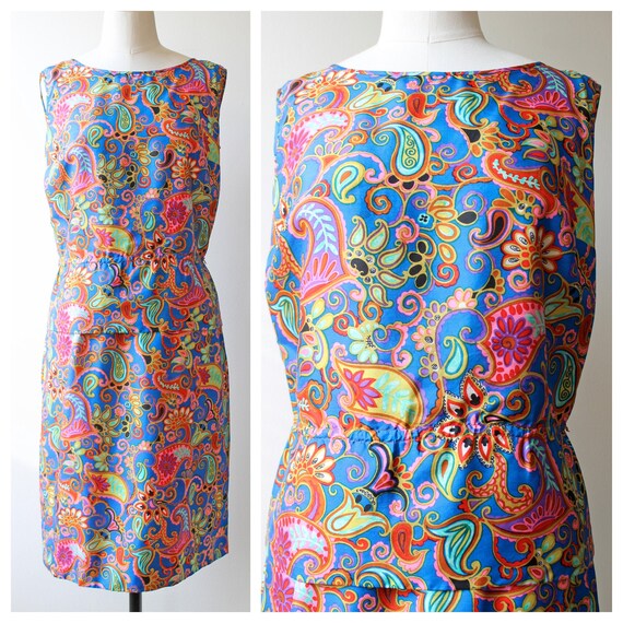 Vtg 70s Vested Gentress Cotton Sun DressBumblebee Novelty Print Midi DressBright Pink Orange Green Floral PrintGarden Party DressMedium