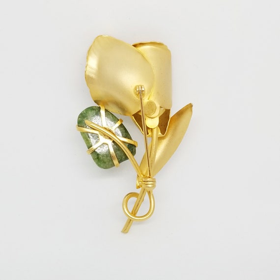 Vintage Goldtone Flower Pearl Green Stone Brooch … - image 2