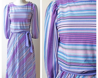 1980s Purple & Blue Multicolor Stripe Quarter Sleeve Belted Blouson Stretch Dress | Stripe Dress | Women's Clothing | 80s | Vintage Dresses