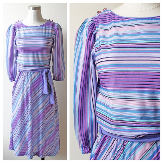 1980s Purple & Blue Stripe Blouson Dress | Quarter Sleeve | Multicolor |  Vintage | 80s Dresses - Etsy