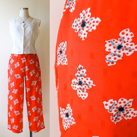 1980s Red White & Navy Blue Polka Dot Square Flora
