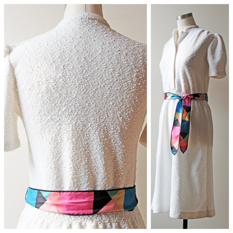 1970s White Popcorn Knit Split Neck Button Down Stretch Dress w/ Multicolor Neon Mosaic Belt Dresses Vintage Clothing Vintage Dresses image 3