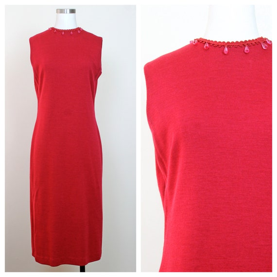 1960s Red Knit Wool Shift Dress w/ Red Teardrop Be