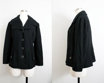 Vintage 1970s Black “Polly Lane” Wool V-Neck Collared Jacket | Vintage Jackets | Women's Clothing | Jackets | Wool Jacket | 70s Jacket