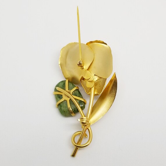 Vintage Goldtone Flower Pearl Green Stone Brooch … - image 4