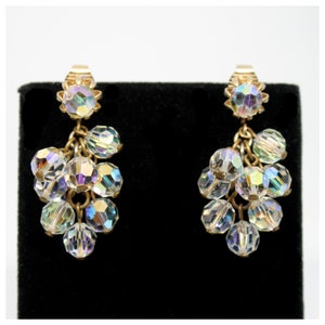 1950s Aurora Borealis AB Crystal Glass Bead Dangly Clip On Dangle Earrings  | Bridal Accessories | Wedding Statement Earrings | Drop Earring