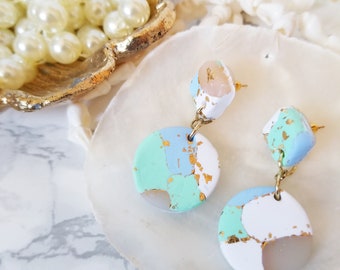 OCEAN BREEZE Earrings | Polymer Clay Circle Gold Foil Dangle Diamond Shape Post Earrings | Circle Earrings | Beach Wedding | Ocean Earrings