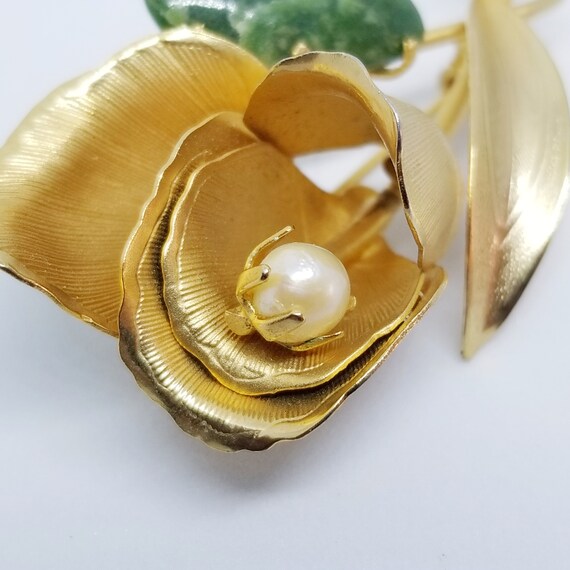 Vintage Goldtone Flower Pearl Green Stone Brooch … - image 6