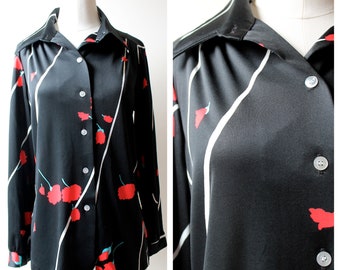 1970s Black and Red Flower Green Leaf Print Button Down Collar Blouse | Top | Floral Blouse | Women's Clothing | Tops | Blouses | Fashion