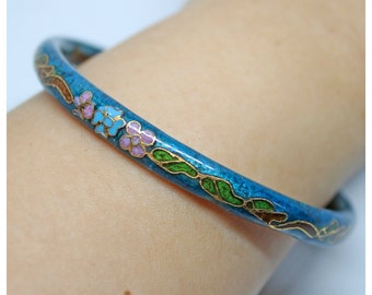 Vintage 70s Cloisonne Aqua Blue Floral Botanical Enamel Bangle | Vintage Jewelry | Antique Jewelry | Stacking | Bangles | Vintage Bangle