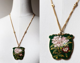 Vintage Goldtone Monet Chain Necklace with Cloissone Enamel Multicolor Green Floral Pendant | Jewelry | Flowers | Layering | Necklaces