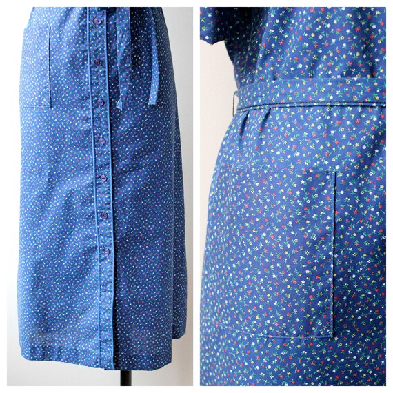 1970s Blue Multicolor Tiny Floral Print Short Sle… - image 7