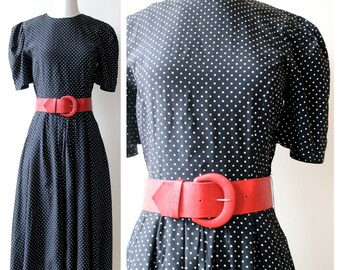 1980s Black & White Polka Dot Dress with Red Belt | Crew | Polka Dots | Vintage | Spring | Easter | Dresses | Women's Clothing | Fashion