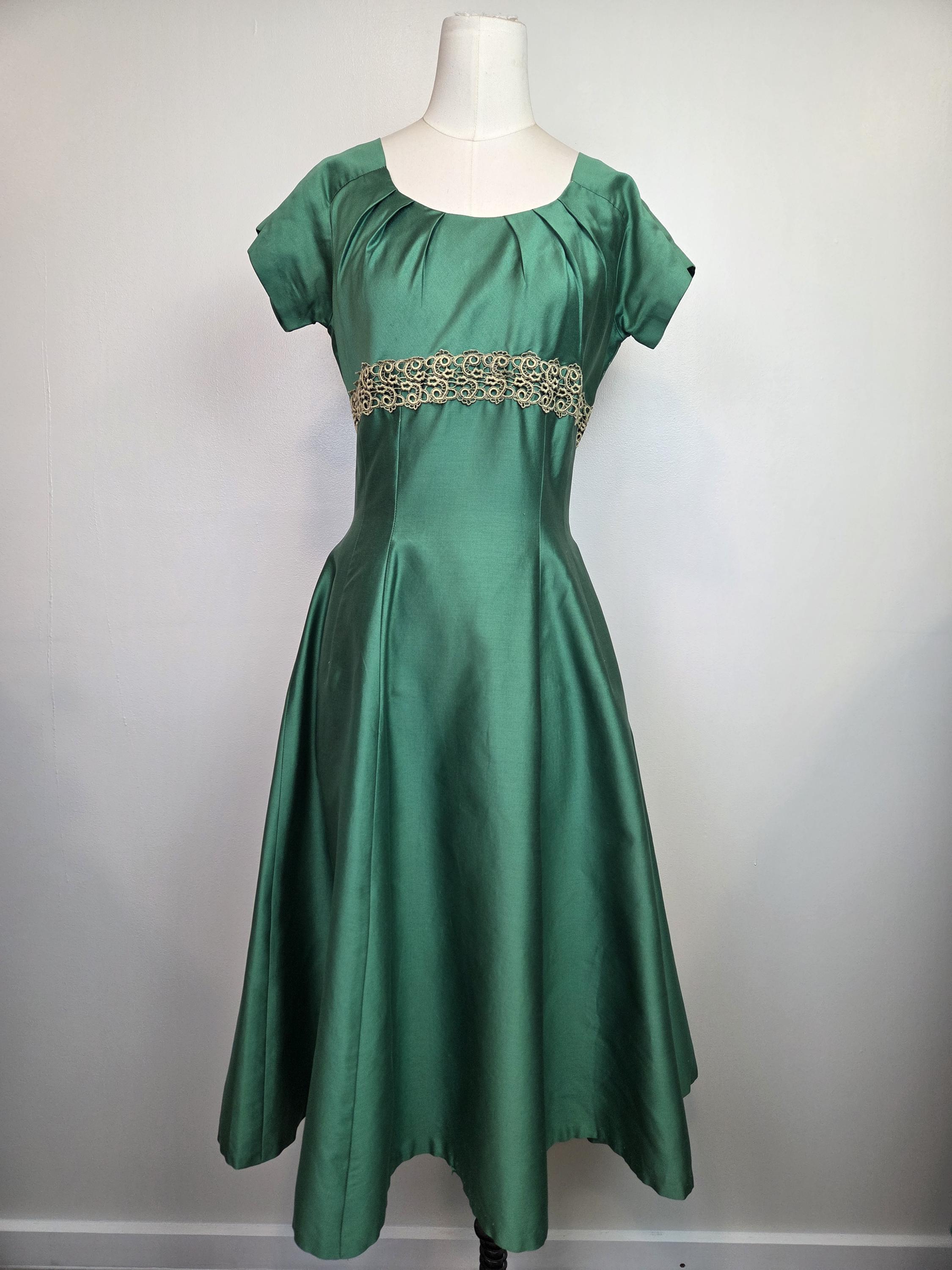 dark green 50s dress Green 1950s Glitter Shoulder Tie Ruched Dress main image 1