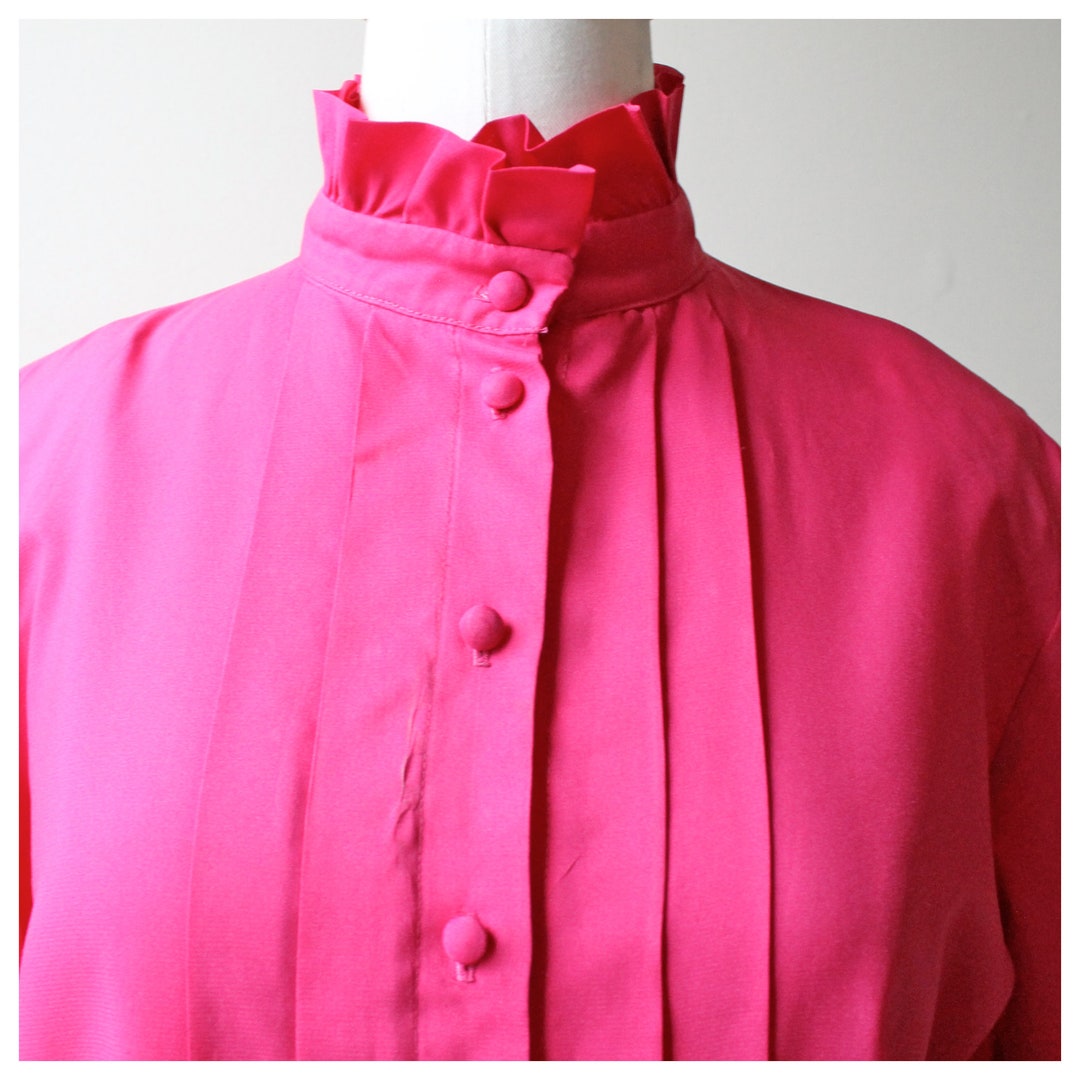 Magenta Ruffle Blouse 1980s Magenta Ruffle Collar Blouse | Pleated Button-down Top | 80s ...