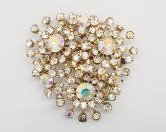 Vintage 1950s Sparkly Aurora Borealis Rhinestone Goldtone Brooch | Wedding | Bridal Shower | Prom | Bride | Bridal Pins | Brooch | Brooches