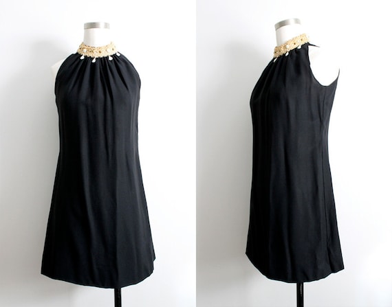 Vintage 1960s Black Mini Dress w/ White Beaded Col