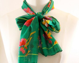 1980s Vintage Sheer Green, Purple, Red, Pink, Orange, Yellow & Light Green Floral Flower Printed Scarf | Head Wrap | Scarves | Head Scarf